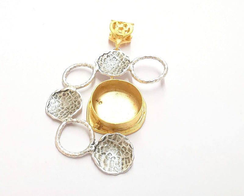 Hammered Circle Pendant Blank Resin Bezel Mosaic Mountings Antique Silver and Gold Plated Brass (80x48mm)( 20mm Bezel Inner Size)  G19878
