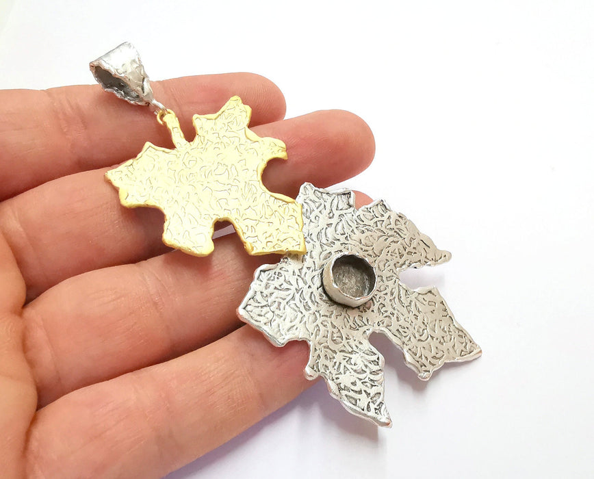 Leaf Pendant Blank Resin Bezel Mosaic Mountings Antique Silver and Gold Plated Brass (103x45mm)( 9mm Bezel Inner Size)  G19879