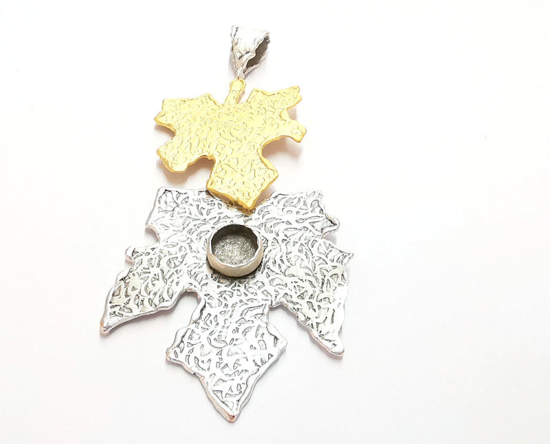 Leaf Pendant Blank Resin Bezel Mosaic Mountings Antique Silver and Gold Plated Brass (103x45mm)( 9mm Bezel Inner Size)  G19879