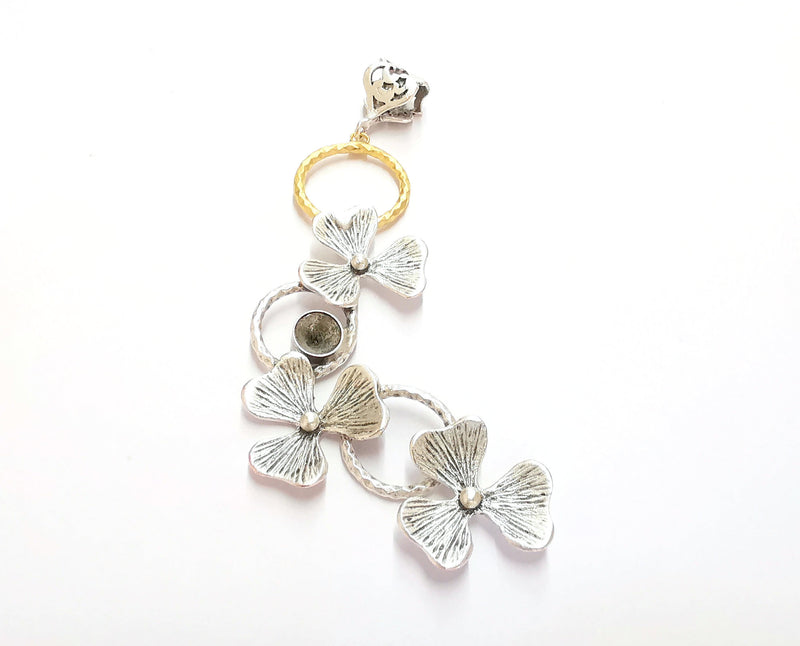 Flowers Pendant Blank Resin Bezel Mosaic Mountings Antique Silver and Gold Plated Brass (104x40mm)( 7mm Bezel Inner Size)  G19880