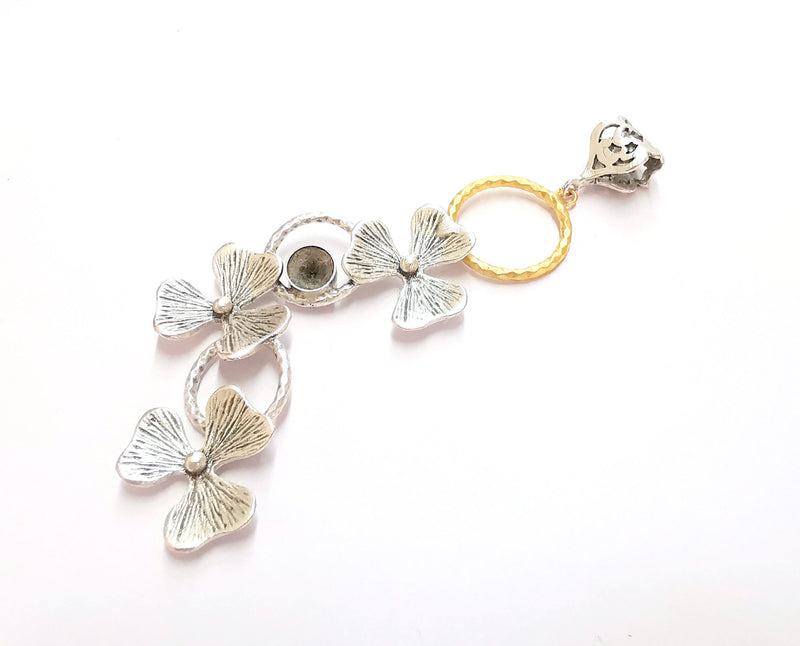 Flowers Pendant Blank Resin Bezel Mosaic Mountings Antique Silver and Gold Plated Brass (104x40mm)( 7mm Bezel Inner Size)  G19880
