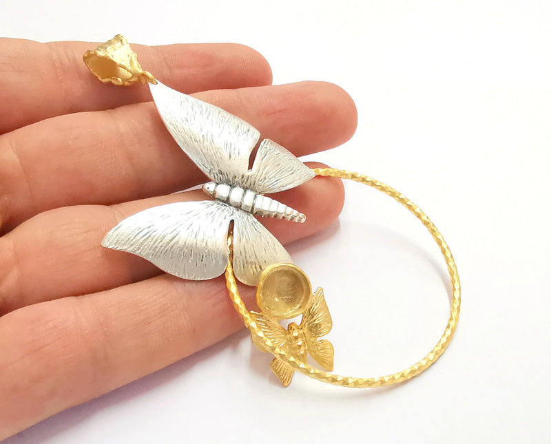 Butterflies Pendant Blank Resin Bezel Mosaic Mountings Antique Silver and Gold Plated Brass (100x53mm)( 10mm Bezel Inner Size)  G19881