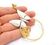 Butterflies Pendant Blank Resin Bezel Mosaic Mountings Antique Silver and Gold Plated Brass (100x53mm)( 10mm Bezel Inner Size)  G19881