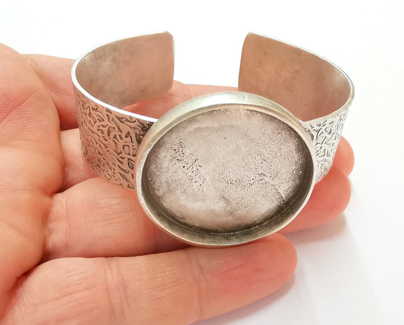 Bracelet Blank Resin Bangle Dry Flower inlay Blank Cuff Bezel Glass Cabochon Base Textured Adjustable Antique Silver (35mm ) G19900