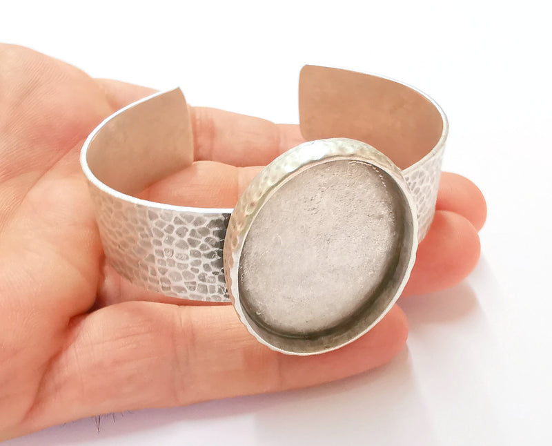 Bracelet Blank Resin Bangle Dry Flower inlay Blank Cuff Bezel Glass Cabochon Base Hammered Adjustable Antique Silver (40x30mm ) G19901