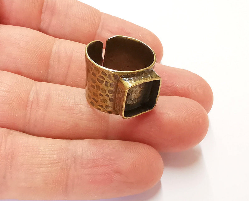 Hammered Ring Blank Setting Cabochon Base inlay Ring Backs Mounting Adjustable Ring Bezel (10x10mm blank) Antique Bronze Plated G19906