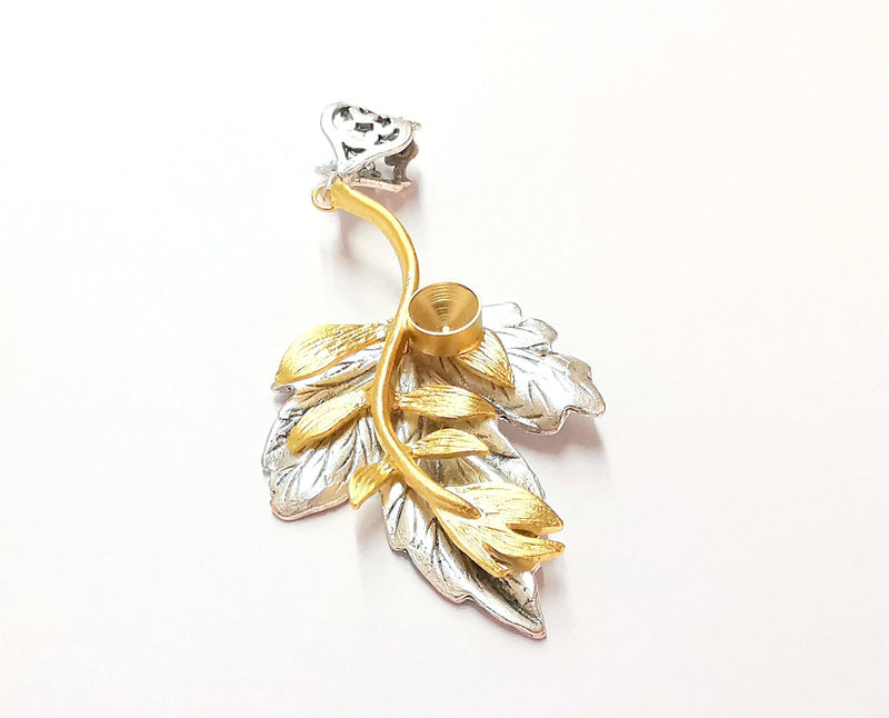 Leaf Pendant Blank Resin Bezel Mosaic Mountings Antique Silver and Gold Plated Brass (75x37mm)( 7mm Bezel Inner Size)  G19908