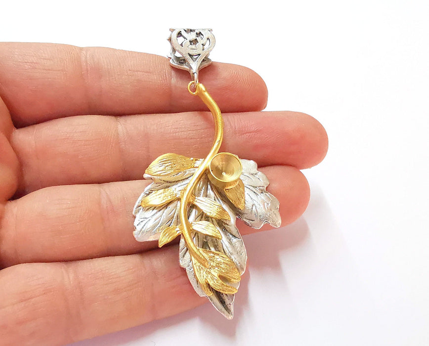 Leaf Pendant Blank Resin Bezel Mosaic Mountings Antique Silver and Gold Plated Brass (75x37mm)( 7mm Bezel Inner Size)  G19908