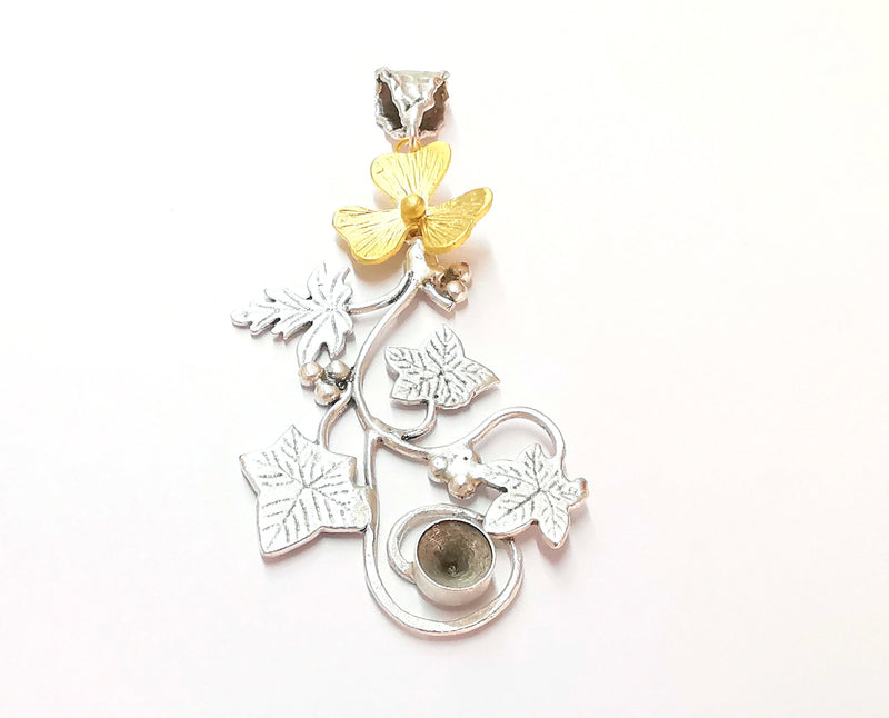 Leaf and Flower Pendant Blank Resin Bezel Mosaic Mountings Antique Silver and Gold Plated Brass (85x35mm)( 7mm Bezel Inner Size)  G19909