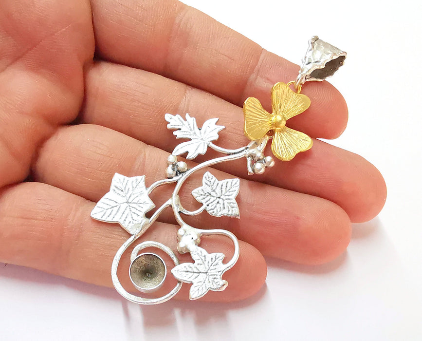 Leaf and Flower Pendant Blank Resin Bezel Mosaic Mountings Antique Silver and Gold Plated Brass (85x35mm)( 7mm Bezel Inner Size)  G19909