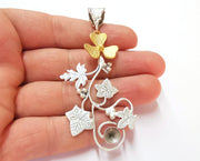 Leaf and Flower Pendant Blank Resin Bezel Mosaic Mountings Antique Silver and Gold Plated Brass (85x35mm)( 7mm Bezel Inner Size)  G19909
