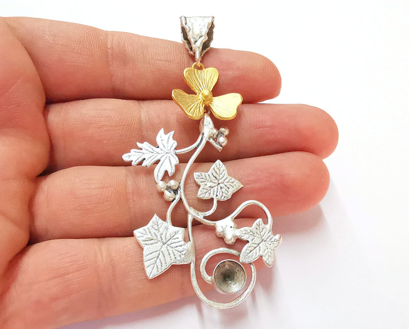 Leaf and Flower Pendant Blank Resin Bezel Mosaic Mountings Antique Silver and Gold Plated Brass (85x35mm)( 7mm Bezel Inner Size)  G19909