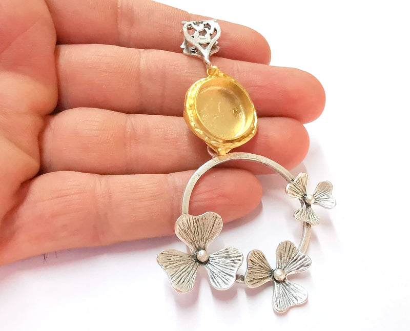 Flowers Pendant Blank Resin Bezel Mosaic Mountings Antique Silver and Gold Plated Brass (90x54mm)(16mm Bezel Inner Size)  G19910
