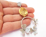 Flowers Pendant Blank Resin Bezel Mosaic Mountings Antique Silver and Gold Plated Brass (90x54mm)(16mm Bezel Inner Size)  G19910