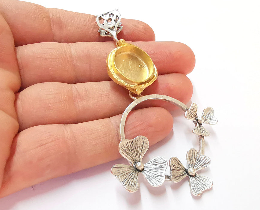 Flowers Pendant Blank Resin Bezel Mosaic Mountings Antique Silver and Gold Plated Brass (90x54mm)(16mm Bezel Inner Size)  G19910