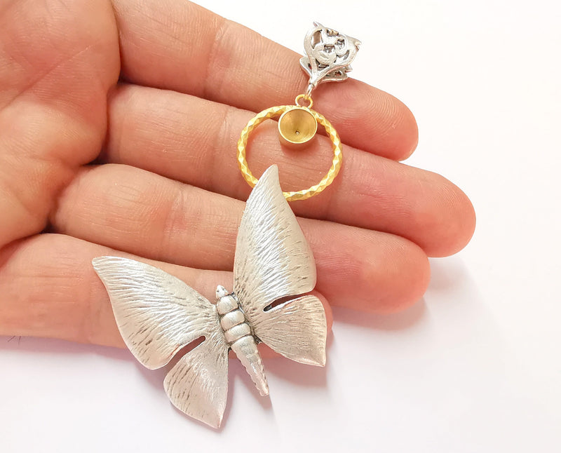Butterfly Pendant Blank Resin Bezel Mosaic Mountings Antique Silver and Gold Plated Brass (85x40mm)(7mm Bezel Size)  G19912