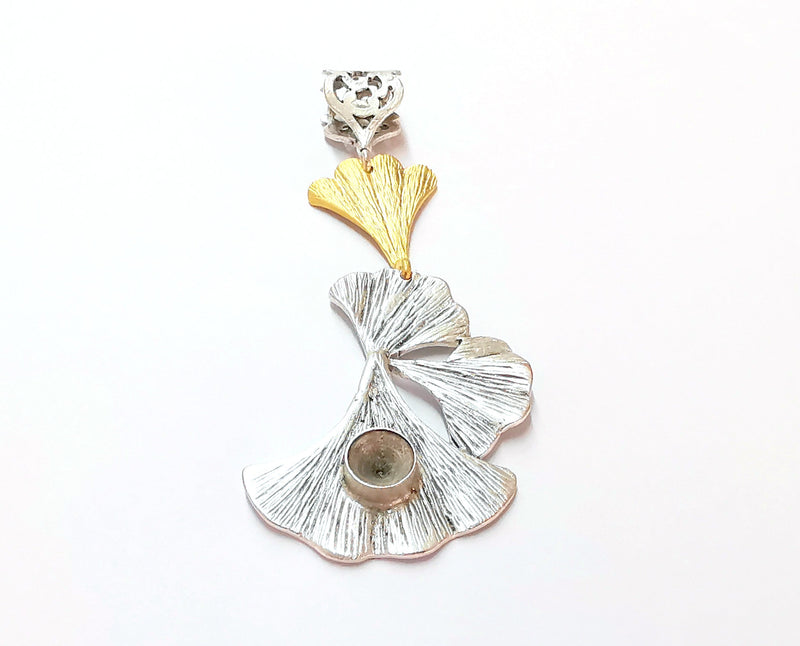 Ginkgo Leaf Pendant Blank Resin Bezel Mosaic Mountings Antique Silver and Gold Plated Brass (82x31mm)(7mm Bezel Size)  G19913