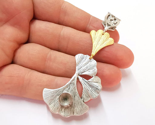 Ginkgo Leaf Pendant Blank Resin Bezel Mosaic Mountings Antique Silver and Gold Plated Brass (82x31mm)(7mm Bezel Size)  G19913