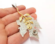 Maple Leaf Pendant Blank Resin Bezel Mosaic Mountings Antique Silver and Gold Plated Brass (95x46mm)(7mm Bezel Size)  G19916