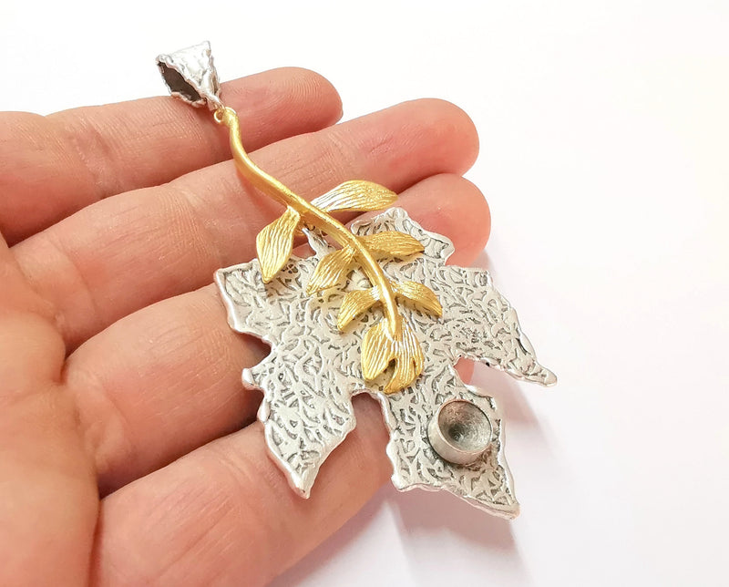 Maple Leaf Pendant Blank Resin Bezel Mosaic Mountings Antique Silver and Gold Plated Brass (95x46mm)(7mm Bezel Size)  G19916