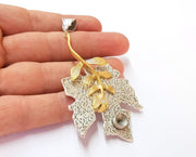 Maple Leaf Pendant Blank Resin Bezel Mosaic Mountings Antique Silver and Gold Plated Brass (95x46mm)(7mm Bezel Size)  G19916