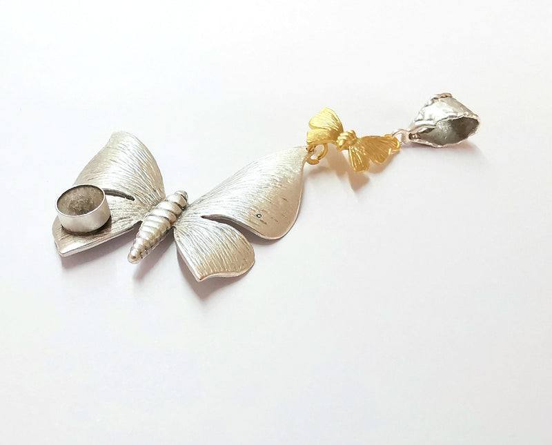 Butterfly Pendant Blank Resin Bezel Mosaic Mountings Antique Silver and Gold Plated Brass (83x40mm)(7mm Bezel Size)  G19917