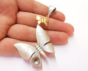 Butterfly Pendant Blank Resin Bezel Mosaic Mountings Antique Silver and Gold Plated Brass (83x40mm)(7mm Bezel Size)  G19917