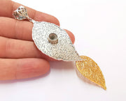 Leaf Pendant Blank Resin Bezel Mosaic Mountings Antique Silver and Gold Plated Brass (110x32mm)(7mm Bezel Size)  G19918