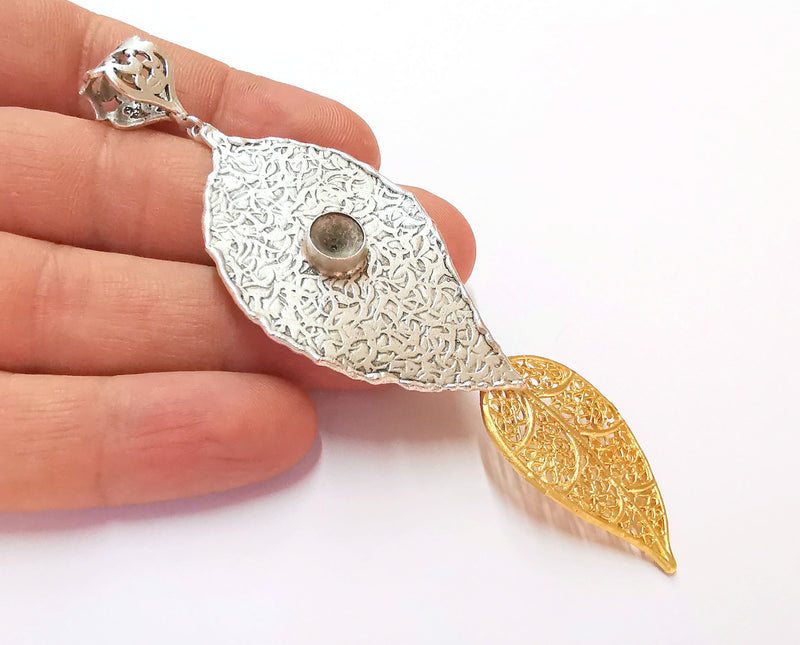Leaf Pendant Blank Resin Bezel Mosaic Mountings Antique Silver and Gold Plated Brass (110x32mm)(7mm Bezel Size)  G19918