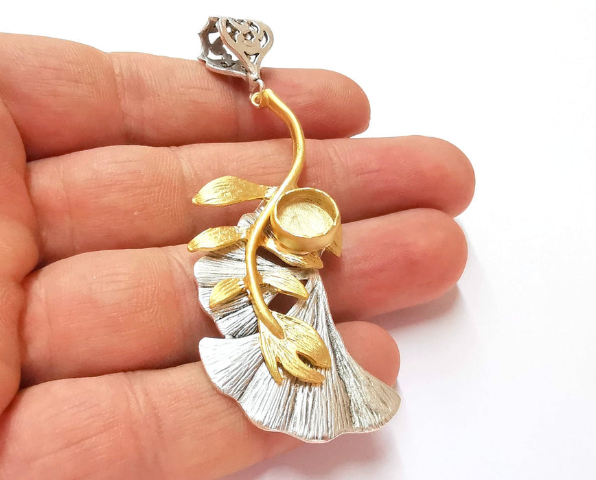Ginkgo Leaf Pendant Blank Resin Bezel Mosaic Mountings Antique Silver and Gold Plated Brass (81x31mm)(9mm Bezel Size)  G19919