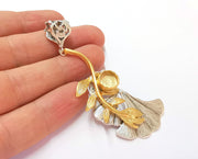Ginkgo Leaf Pendant Blank Resin Bezel Mosaic Mountings Antique Silver and Gold Plated Brass (81x31mm)(9mm Bezel Size)  G19919