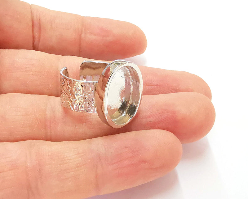 Shiny Silver Ring Blank Base Bezel Settings Shiny Silver Plated Cabochon Base Mountings Adjustable Resin Ring (18x13mm Blank)  G19925