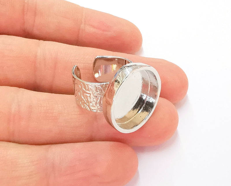 Shiny Silver Ring Blank Base Bezel Settings Shiny Silver Plated Cabochon Base Mountings Adjustable Resin Ring (18mm Blank)  G19926