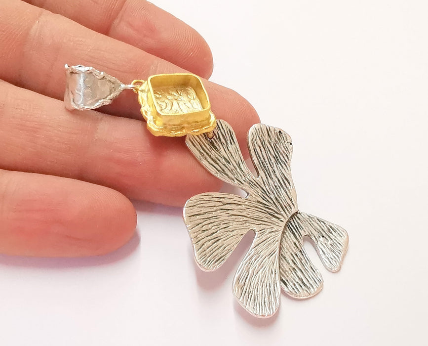 Monstera Leaf Pendant Blank Resin Bezel Mosaic Mountings Antique Silver and Gold Plated Brass (75x38mm)(10x10mm Bezel Size)  G19929