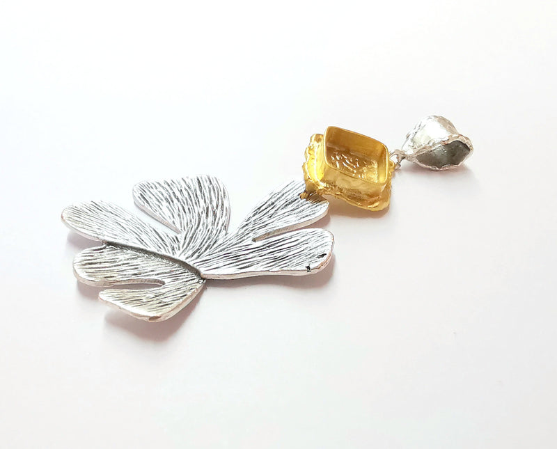 Monstera Leaf Pendant Blank Resin Bezel Mosaic Mountings Antique Silver and Gold Plated Brass (75x38mm)(10x10mm Bezel Size)  G19929