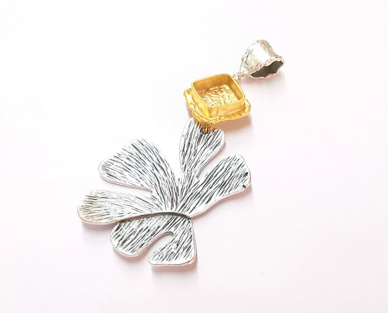 Monstera Leaf Pendant Blank Resin Bezel Mosaic Mountings Antique Silver and Gold Plated Brass (75x38mm)(10x10mm Bezel Size)  G19929