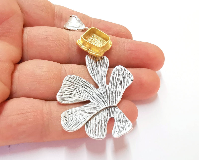 Monstera Leaf Pendant Blank Resin Bezel Mosaic Mountings Antique Silver and Gold Plated Brass (75x38mm)(10x10mm Bezel Size)  G19929