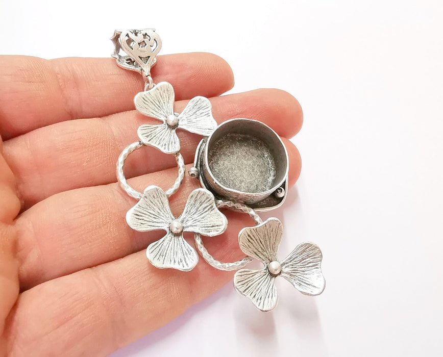 Flowers Pendant Blank Resin Bezel Mosaic Mountings Antique Silver Plated Brass (83x49mm)(20mm Bezel Size)  G19931