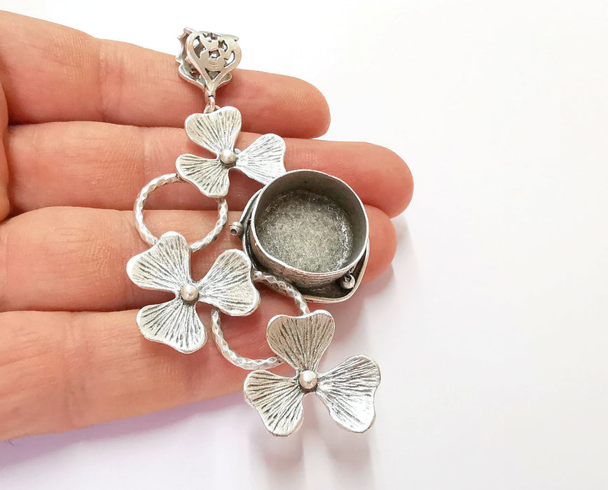 Flowers Pendant Blank Resin Bezel Mosaic Mountings Antique Silver Plated Brass (83x49mm)(20mm Bezel Size)  G19931