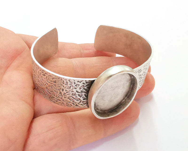 Bracelet Blank Resin Bangle Dry Flower inlay Blank Cuff Bezel Glass Cabochon Base Textured Adjustable Antique Silver (30x22mm ) G19933