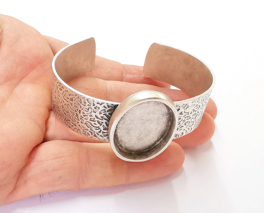Bracelet Blank Resin Bangle Dry Flower inlay Blank Cuff Bezel Glass Cabochon Base Textured Adjustable Antique Silver (30x22mm ) G19933
