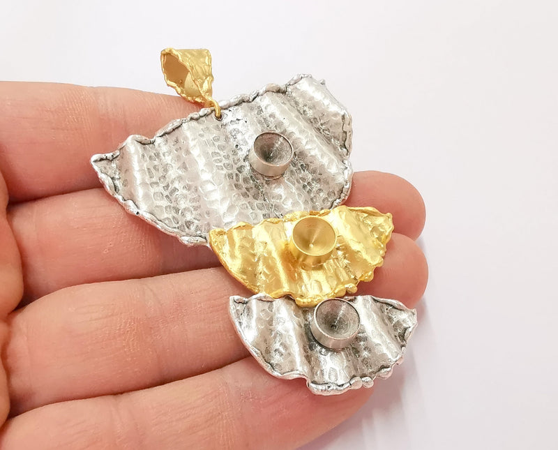 Hammered Wavy Pendant Blank Resin Bezel Mosaic Mountings Antique Silver and Gold Plated Brass (77x55mm)(7mm Bezel Size)  G19934