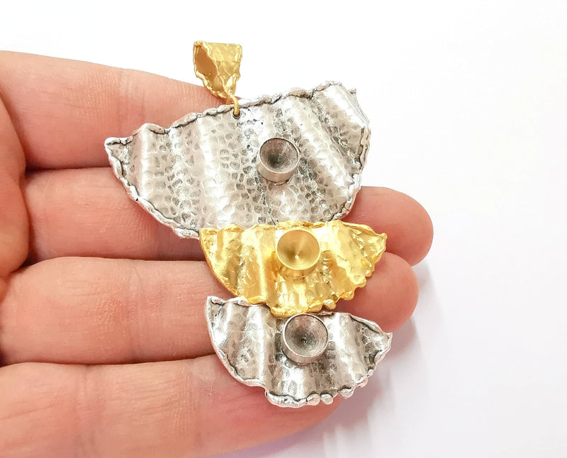 Hammered Wavy Pendant Blank Resin Bezel Mosaic Mountings Antique Silver and Gold Plated Brass (77x55mm)(7mm Bezel Size)  G19934