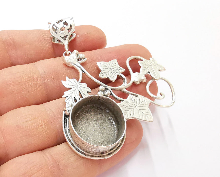 Leaf Pendant Blank Resin Bezel Mosaic Mountings Antique Silver Plated Brass (67x59mm)(20mm Bezel Size)  G19945