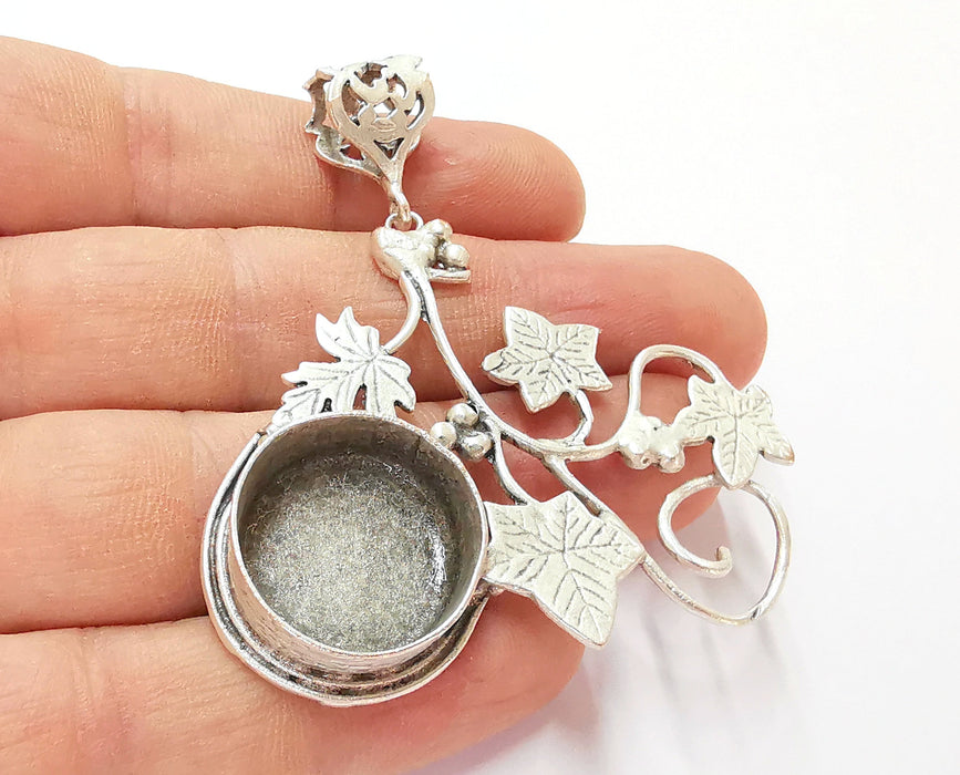 Leaf Pendant Blank Resin Bezel Mosaic Mountings Antique Silver Plated Brass (67x59mm)(20mm Bezel Size)  G19945