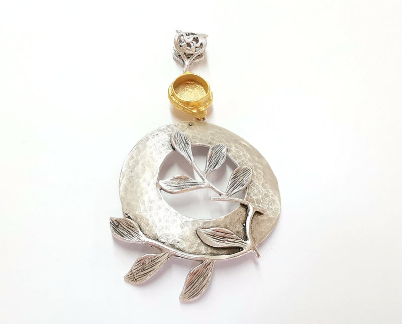 Hammered Leaf Pendant Blank Resin Bezel Mosaic Mountings Antique Silver and Gold Plated Brass (92x46mm)(10mm Bezel Size)  G26311