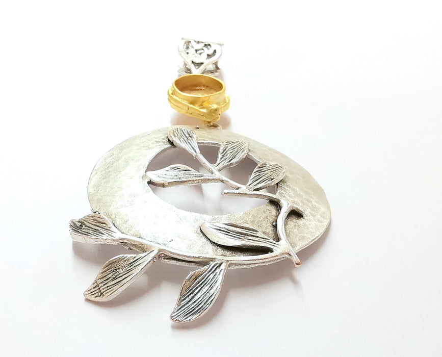 Hammered Leaf Pendant Blank Resin Bezel Mosaic Mountings Antique Silver and Gold Plated Brass (92x46mm)(10mm Bezel Size)  G26311