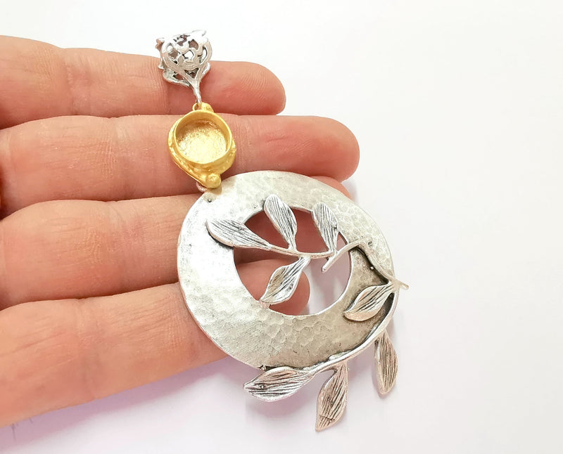 Hammered Leaf Pendant Blank Resin Bezel Mosaic Mountings Antique Silver and Gold Plated Brass (92x46mm)(10mm Bezel Size)  G26311