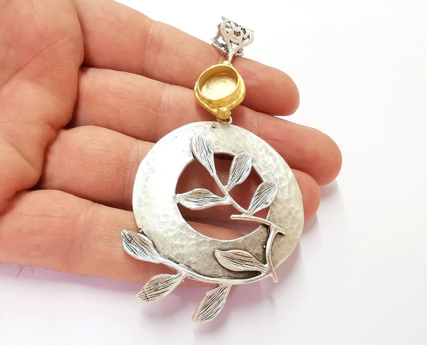 Hammered Leaf Pendant Blank Resin Bezel Mosaic Mountings Antique Silver and Gold Plated Brass (92x46mm)(10mm Bezel Size)  G26311