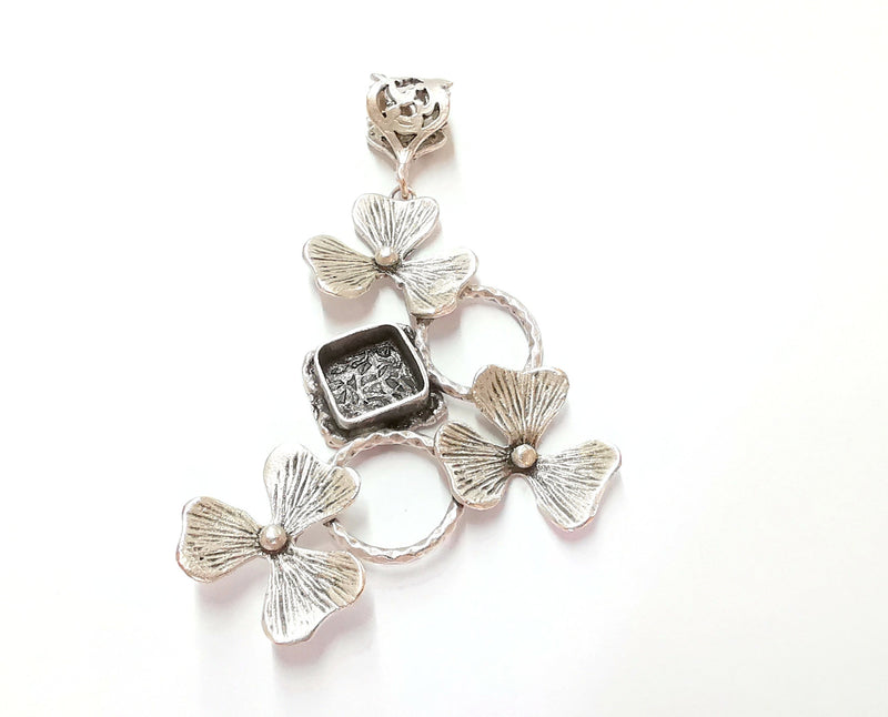 Flowers Pendant Blank Resin Bezel Mosaic Mountings Antique Silver Plated Brass (80x40mm)(10mm Bezel Size)  G19949